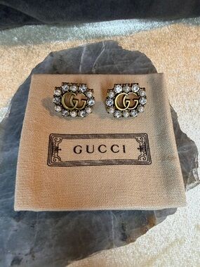 0.50" Vintage Gold Tone Crystal Gucci Fashion Stud Earrings